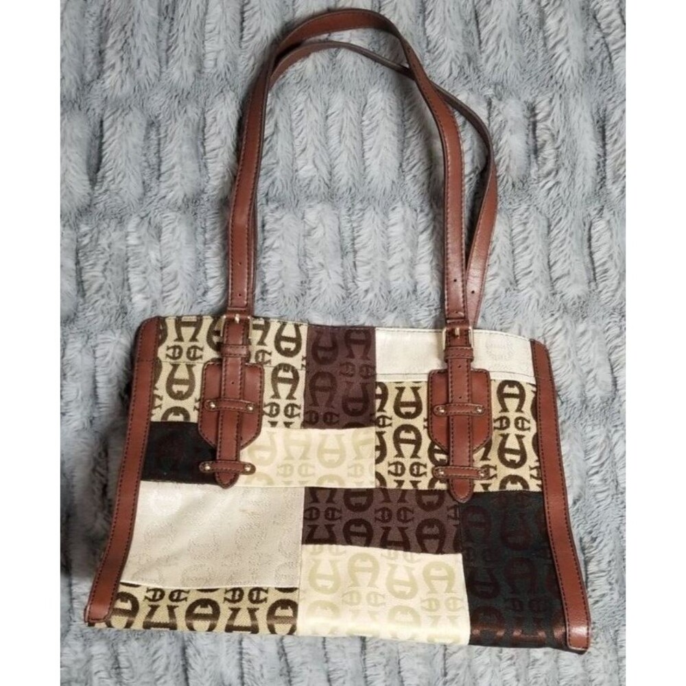 Etienne Aigner Shoulder Bag Patchwork Logo Leather Trim Tote Brown Woven